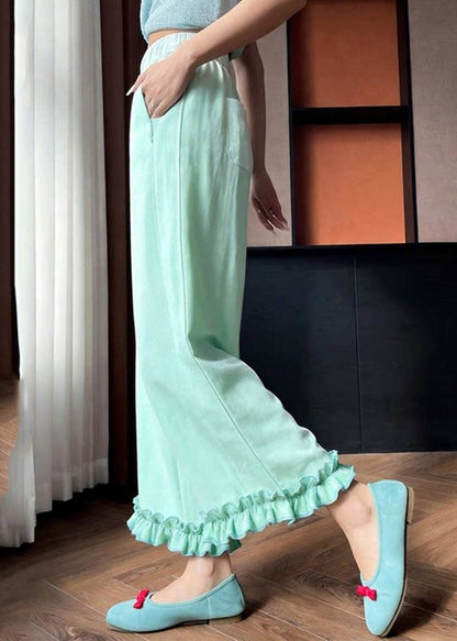 Beautiful Light Green Ruffled Patchwork Solid Wide Leg Pants Summer