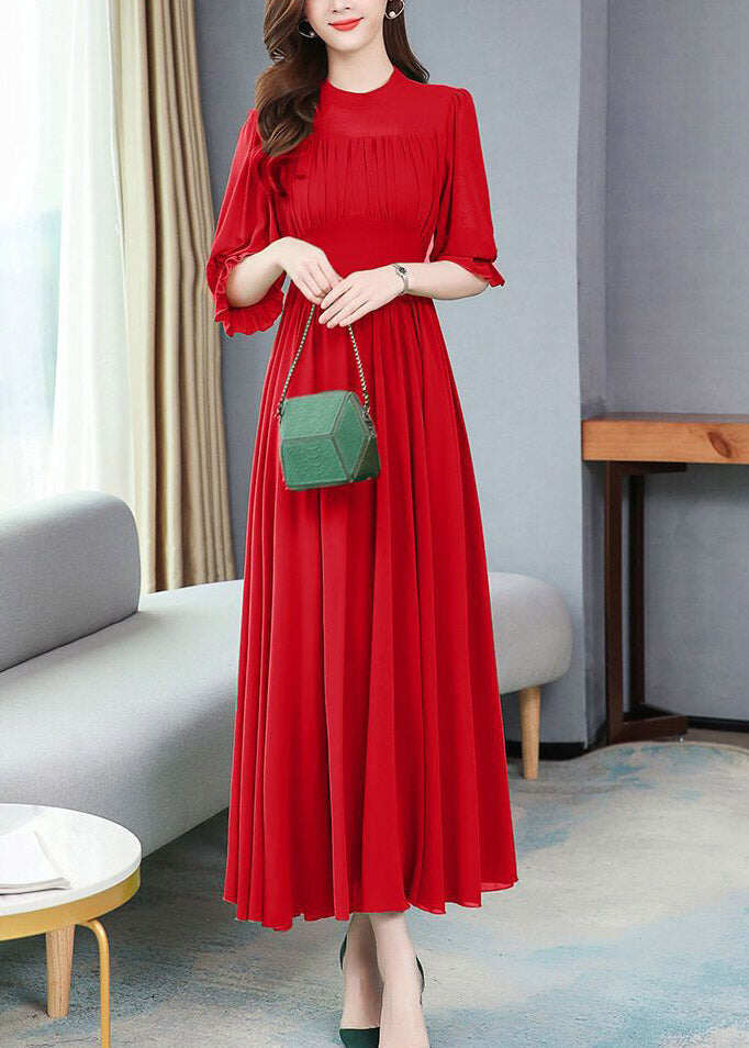 Italian Red Ruffled Patchwork Party Chiffon Long Dress Half Sleeve