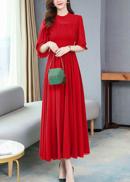 Italian Red Ruffled Patchwork Party Chiffon Long Dress Half Sleeve