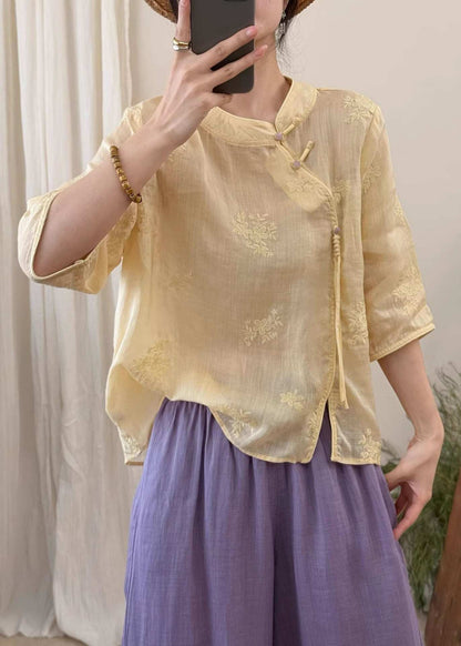 Boutique White Embroidered Oriental Button Linen Blouses Summer