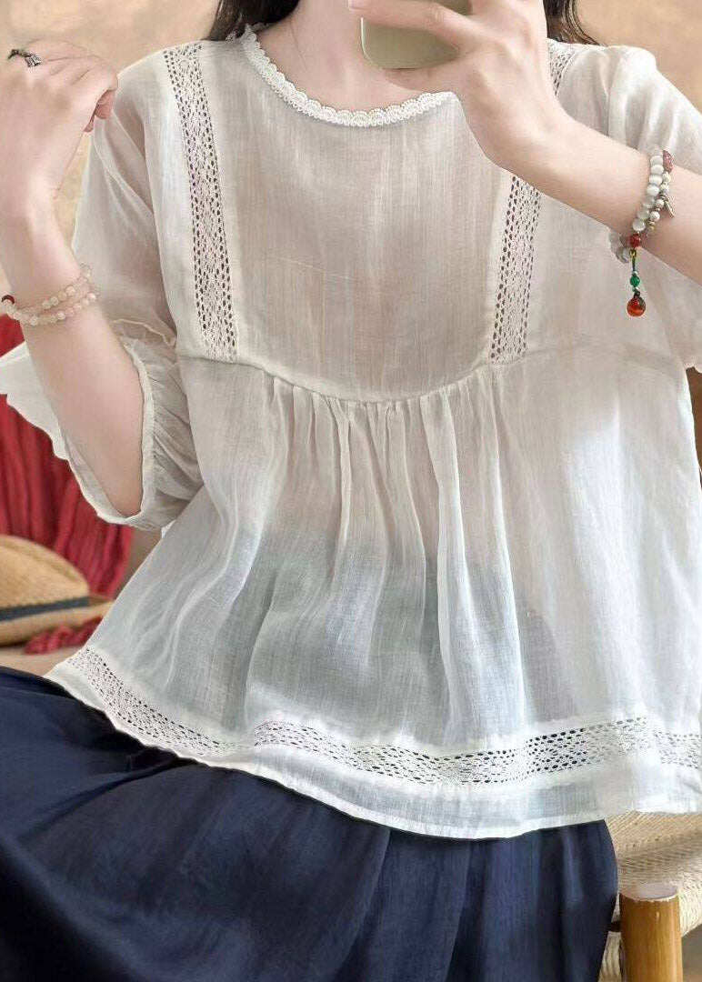 Brief Yellow O-Neck Wrinkled Solid Linen Top Half Sleeve