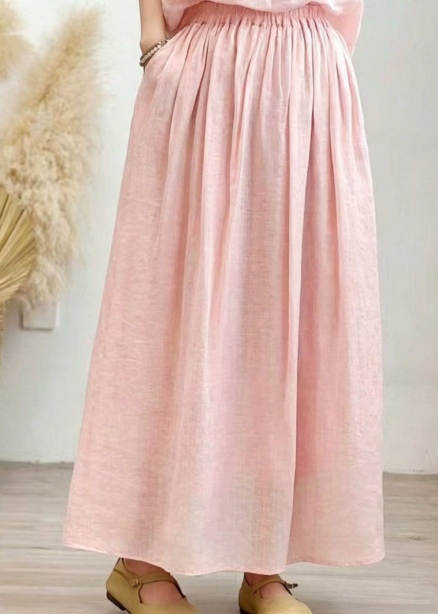 Plus Size Grass Green Pockets Wrinkled Linen Skirt Summer
