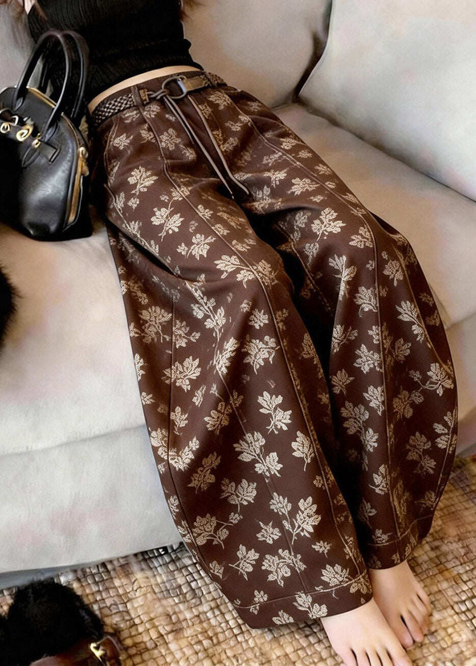 Fashion Brown Print Sashes High Waist Wide Leg Pants