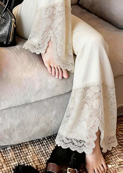2026 New Beige Lace Patchwork Side Open Straight Pants Summer