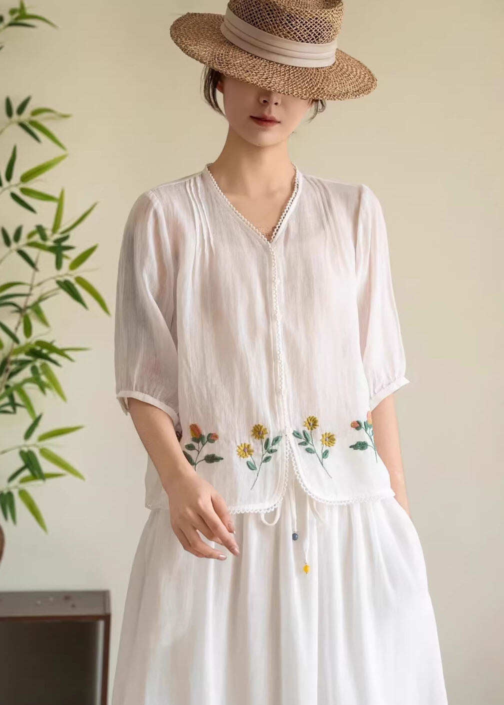 Women Navy V Neck Embroidered Linen Tops Summer