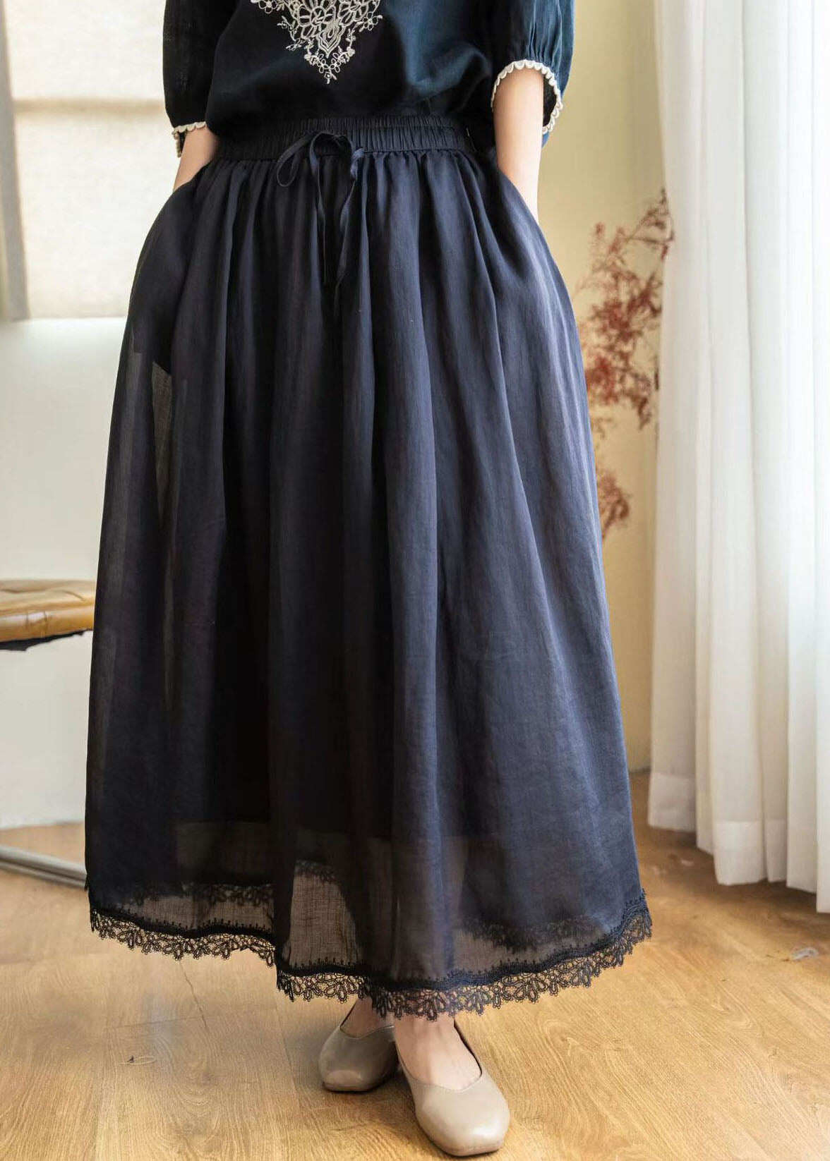 New Beige Pockets Patchwork Elastic Waist Linen Skirt Summer