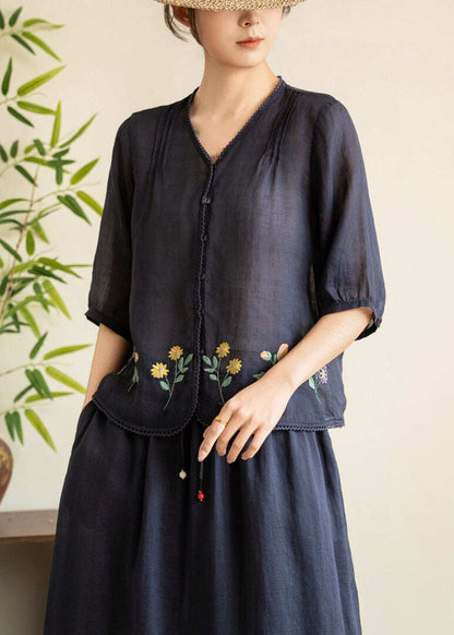 Women Navy V Neck Embroidered Linen Tops Summer
