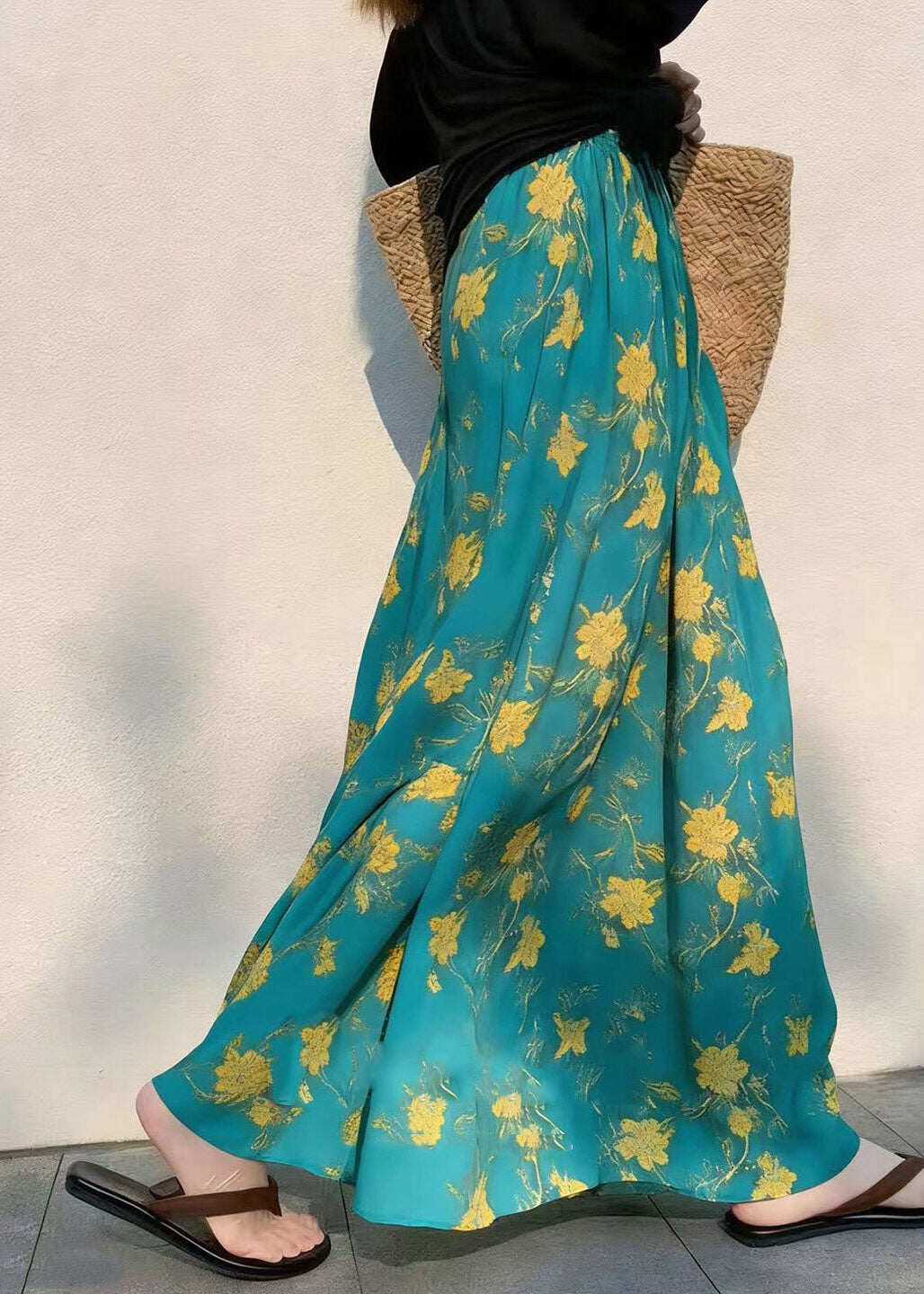 French Green Print Elastic Waist Draping A Line Skirts