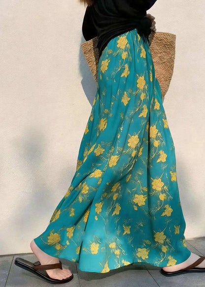 French Green Print Elastic Waist Draping A Line Skirts