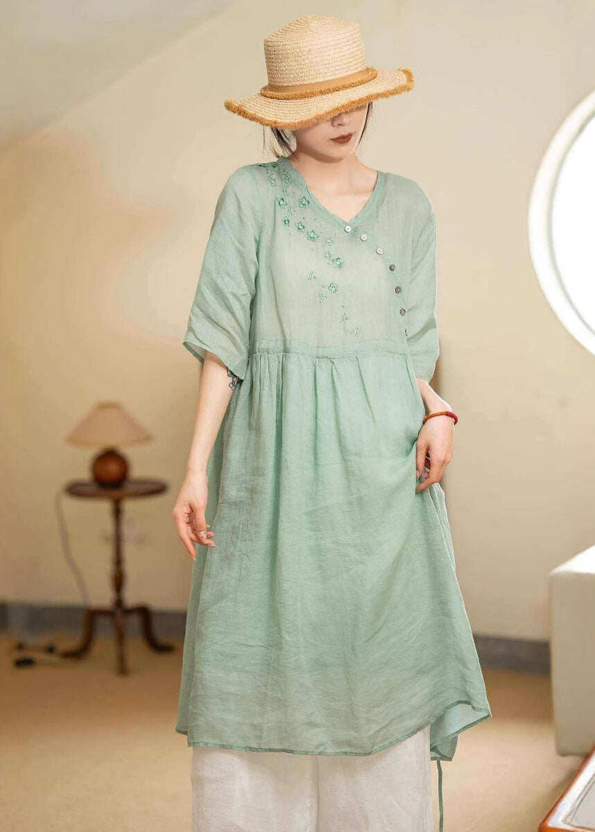 Vintage Green Embroidered Patchwork Lace Up Linen Dresses Summer