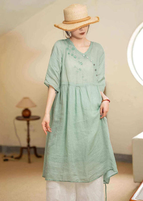 Vintage Green Embroidered Patchwork Lace Up Linen Dresses Summer