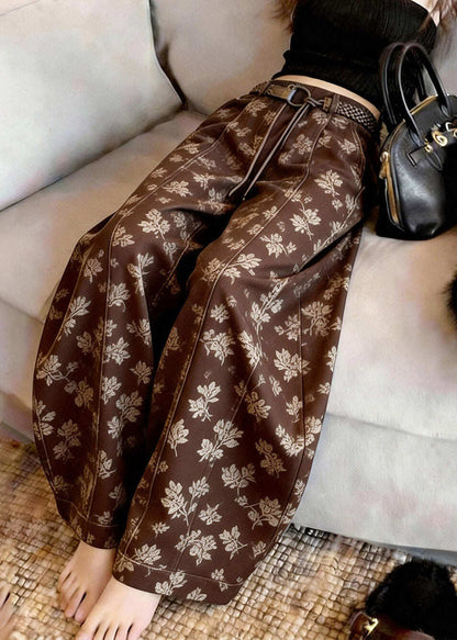 Fashion Brown Print Sashes High Waist Wide Leg Pants