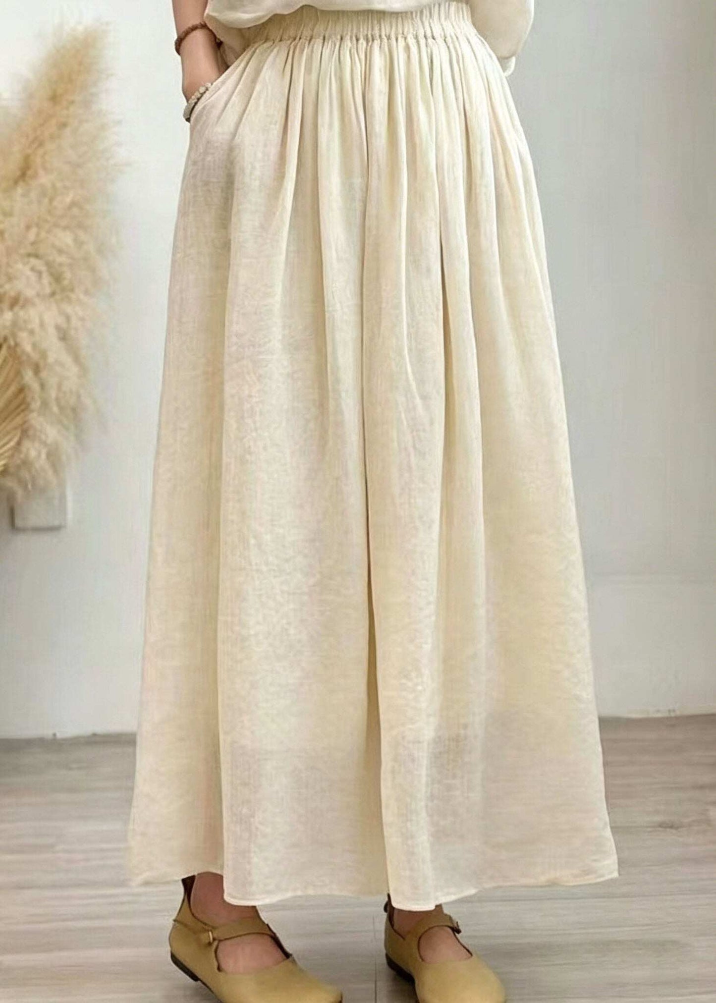 Plus Size Grass Green Pockets Wrinkled Linen Skirt Summer