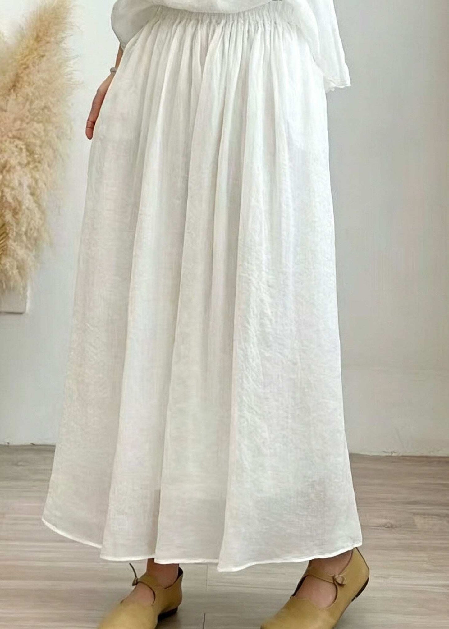 Plus Size Grass Green Pockets Wrinkled Linen Skirt Summer