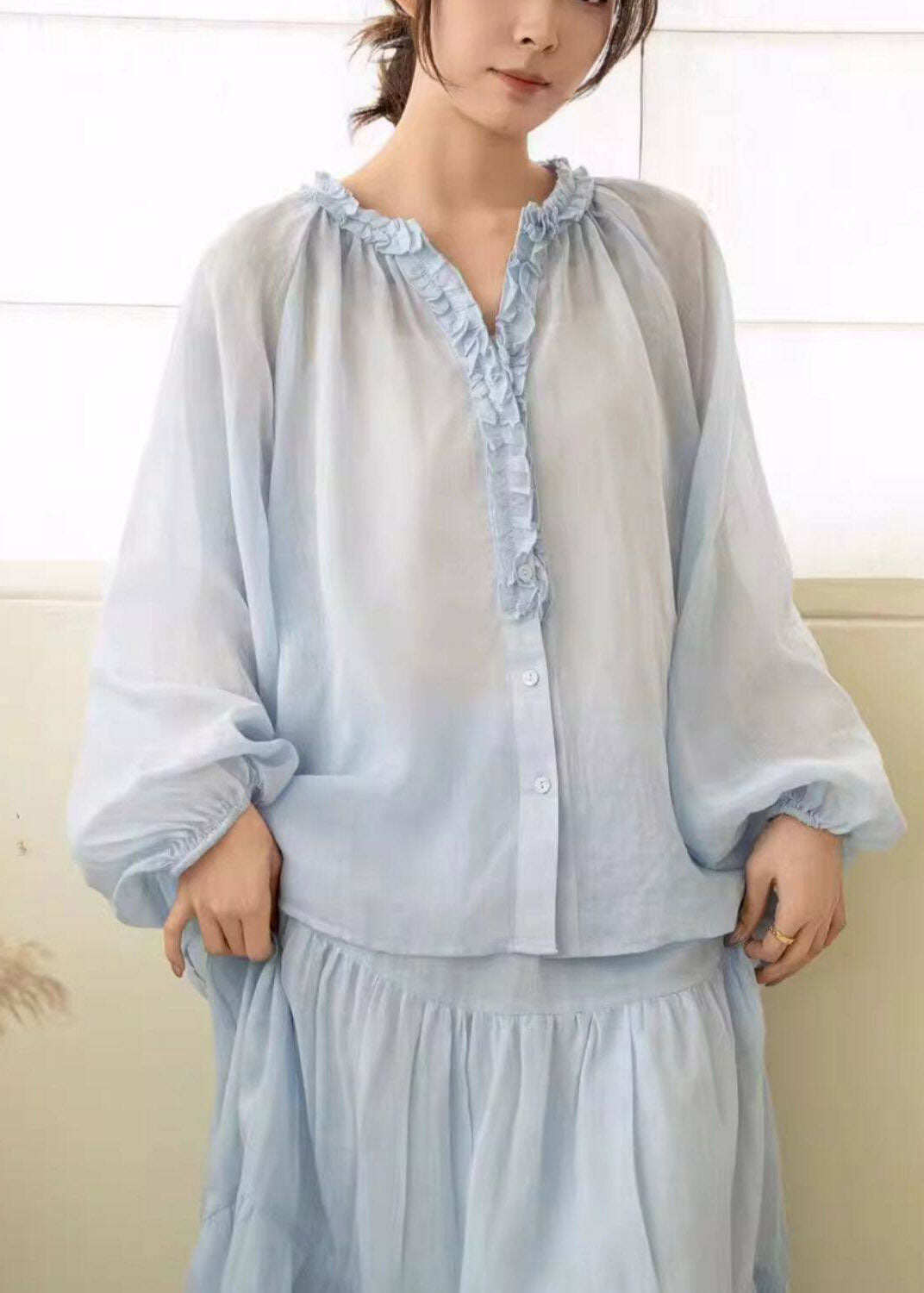 Beautiful Pink Ruffled Wrinkled Linen Shirt Lantern Sleeve