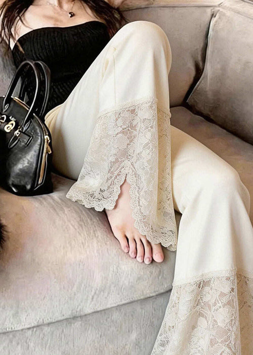 2026 New Beige Lace Patchwork Side Open Straight Pants Summer