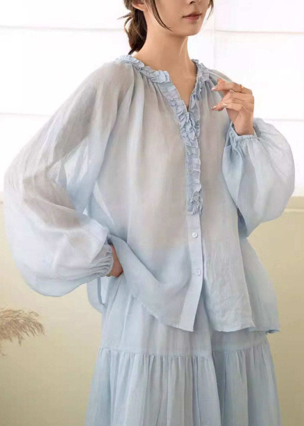 Beautiful Pink Ruffled Wrinkled Linen Shirt Lantern Sleeve