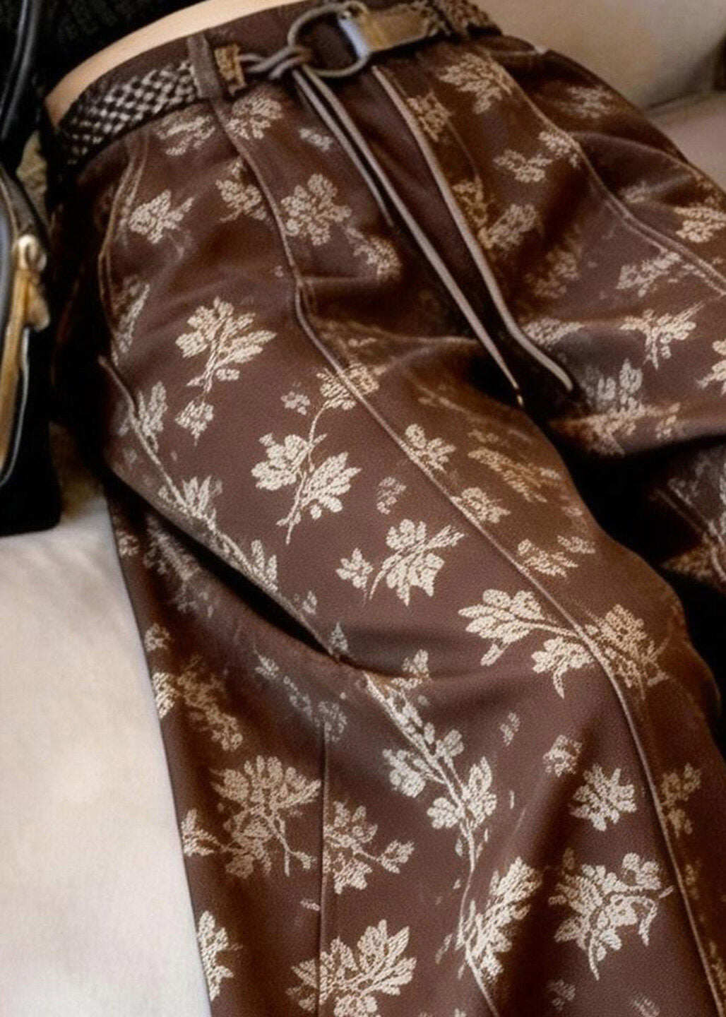 Fashion Brown Print Sashes High Waist Wide Leg Pants