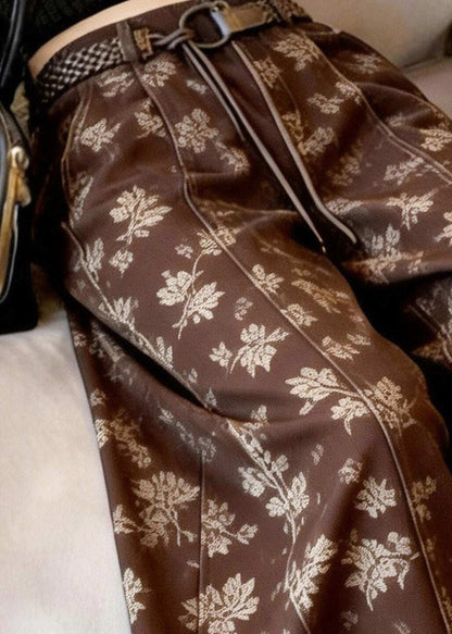 Fashion Brown Print Sashes High Waist Wide Leg Pants