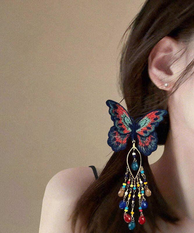 Chinese Style Rainbow Alloy Knit Glass Butterfly Tassel Hairpin