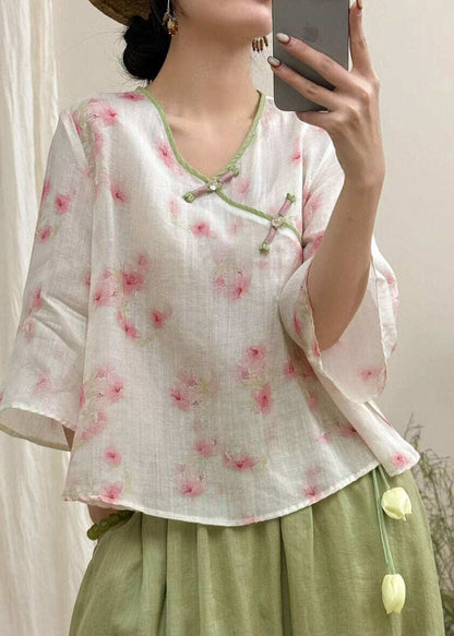 Women Beige Print Button Linen T Shirt Three Quarter Sleeve