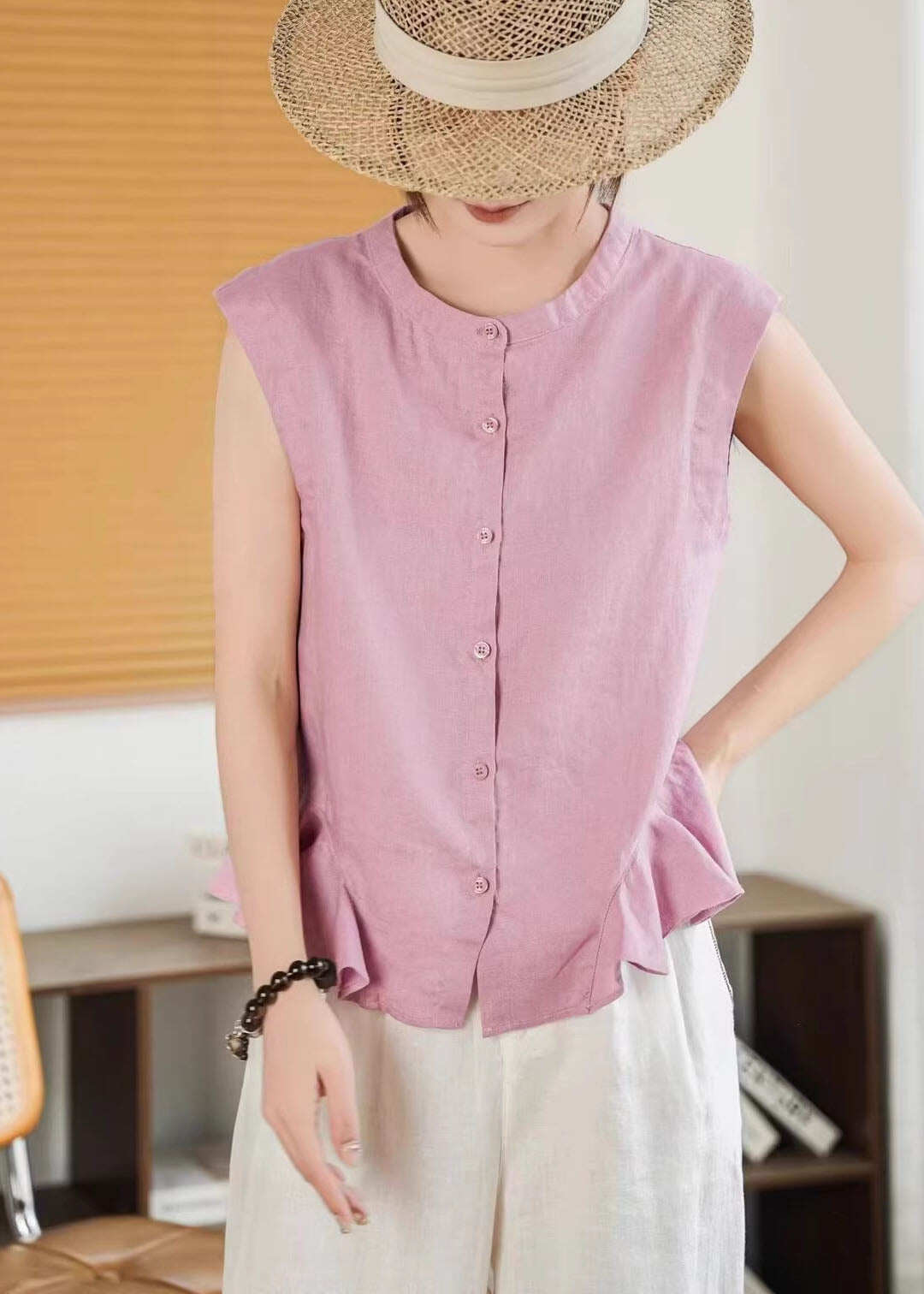 Fashion Yellow Ruffled Button Linen Shirt Tops Sleeveless