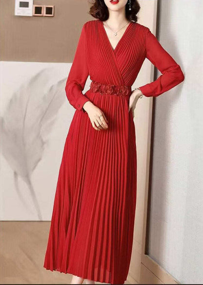 Elegant Red V Neck Wrinkled Tunic Chiffon Maxi Dress Fall