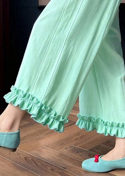 Beautiful Light Green Ruffled Patchwork Solid Wide Leg Pants Summer