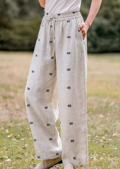 Women Casual Embroidered Pockets Elastic Waist Linen Pants Summer