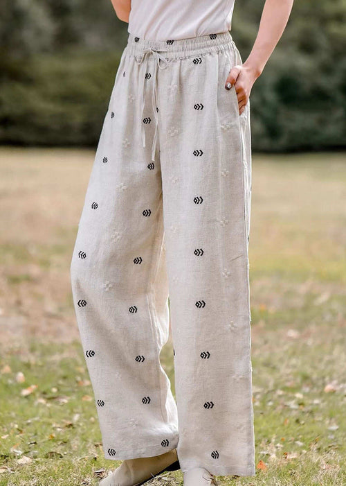 Women Casual Embroidered Pockets Elastic Waist Linen Pants Summer