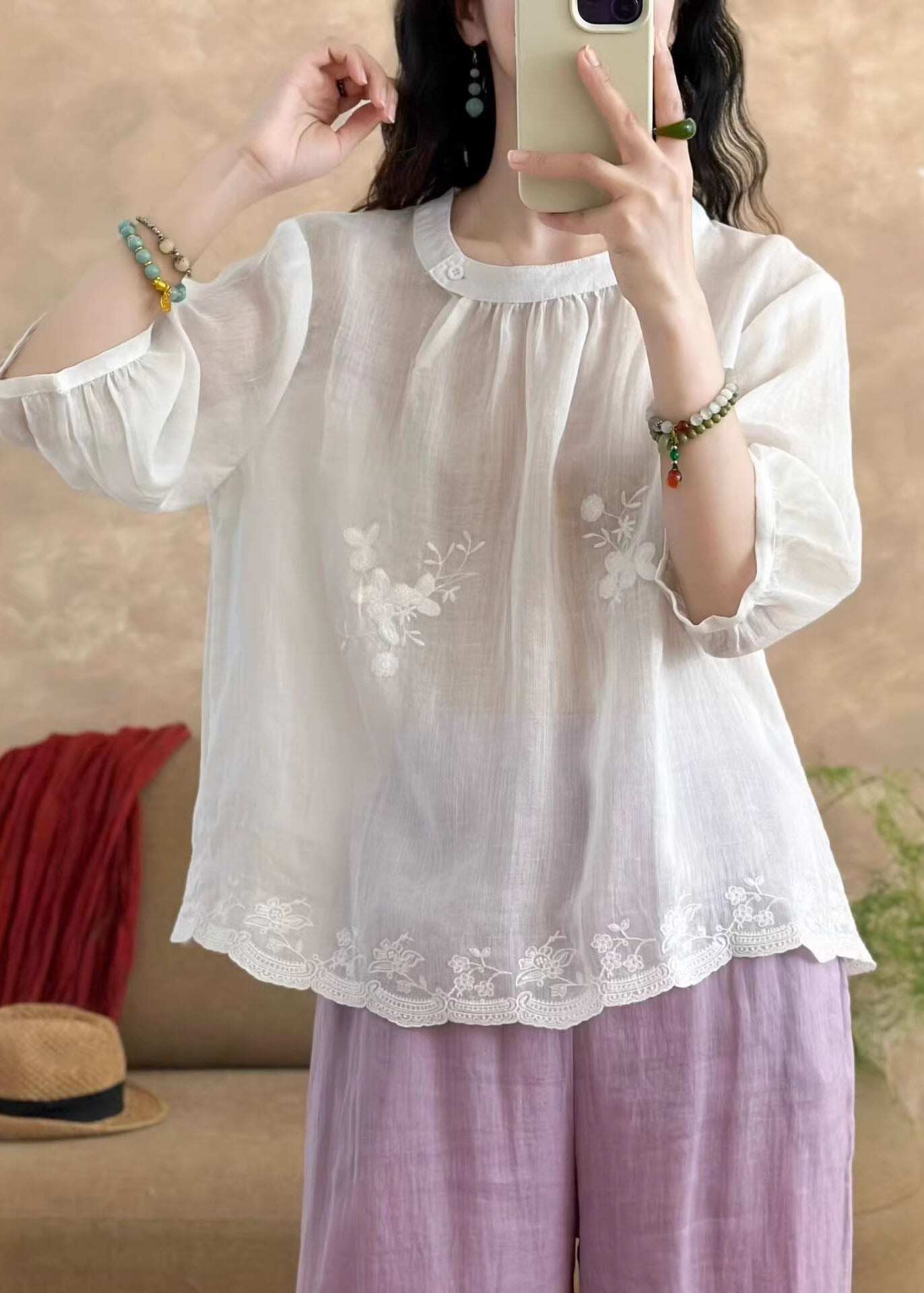 New White O-Neck Embroidered Linen T Shirt Tops Summer
