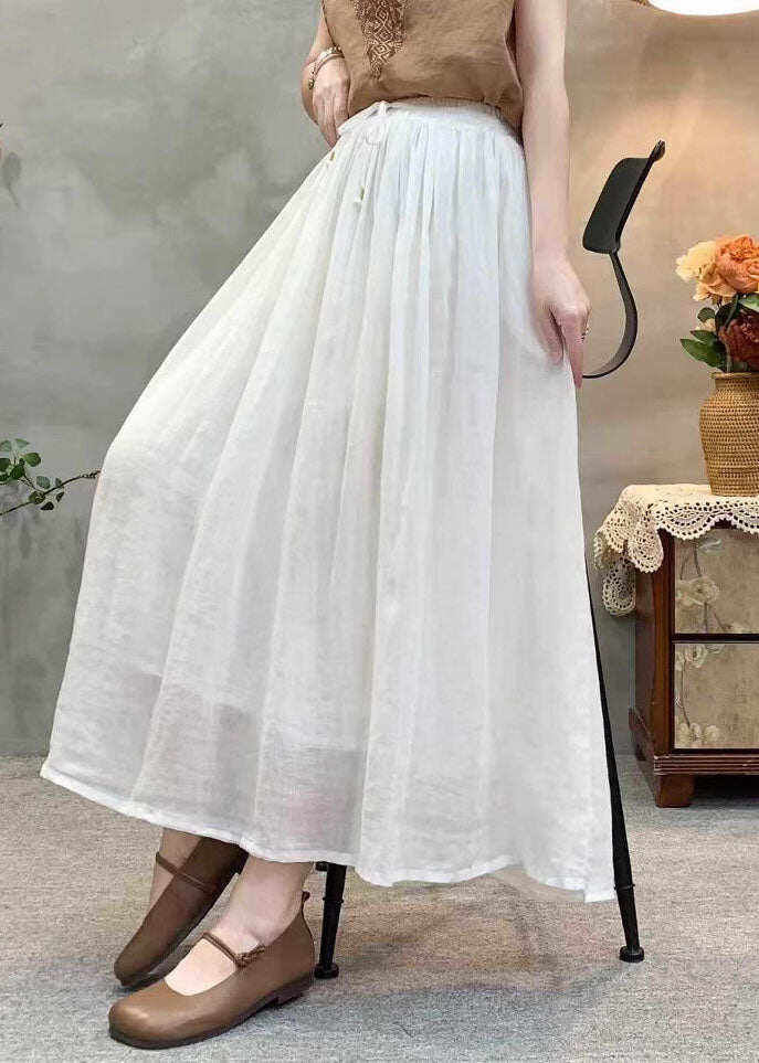 Beautiful White Elastic Waist Wrinkled Linen Skirts Summer