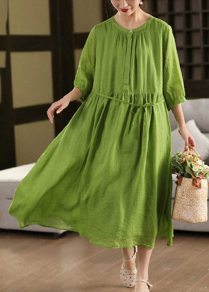 Boutique Green O-Neck Patchwork Solid Linen Long Dress Half Sleeve