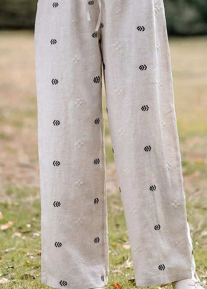 Women Casual Embroidered Pockets Elastic Waist Linen Pants Summer