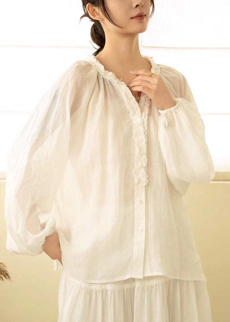 Modern White V Neck Patchwork Linen Shirt Fall