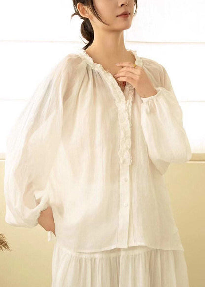 Modern White V Neck Patchwork Linen Shirt Fall