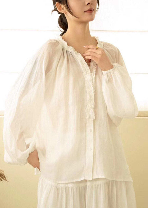 Modern White V Neck Patchwork Linen Shirt Fall