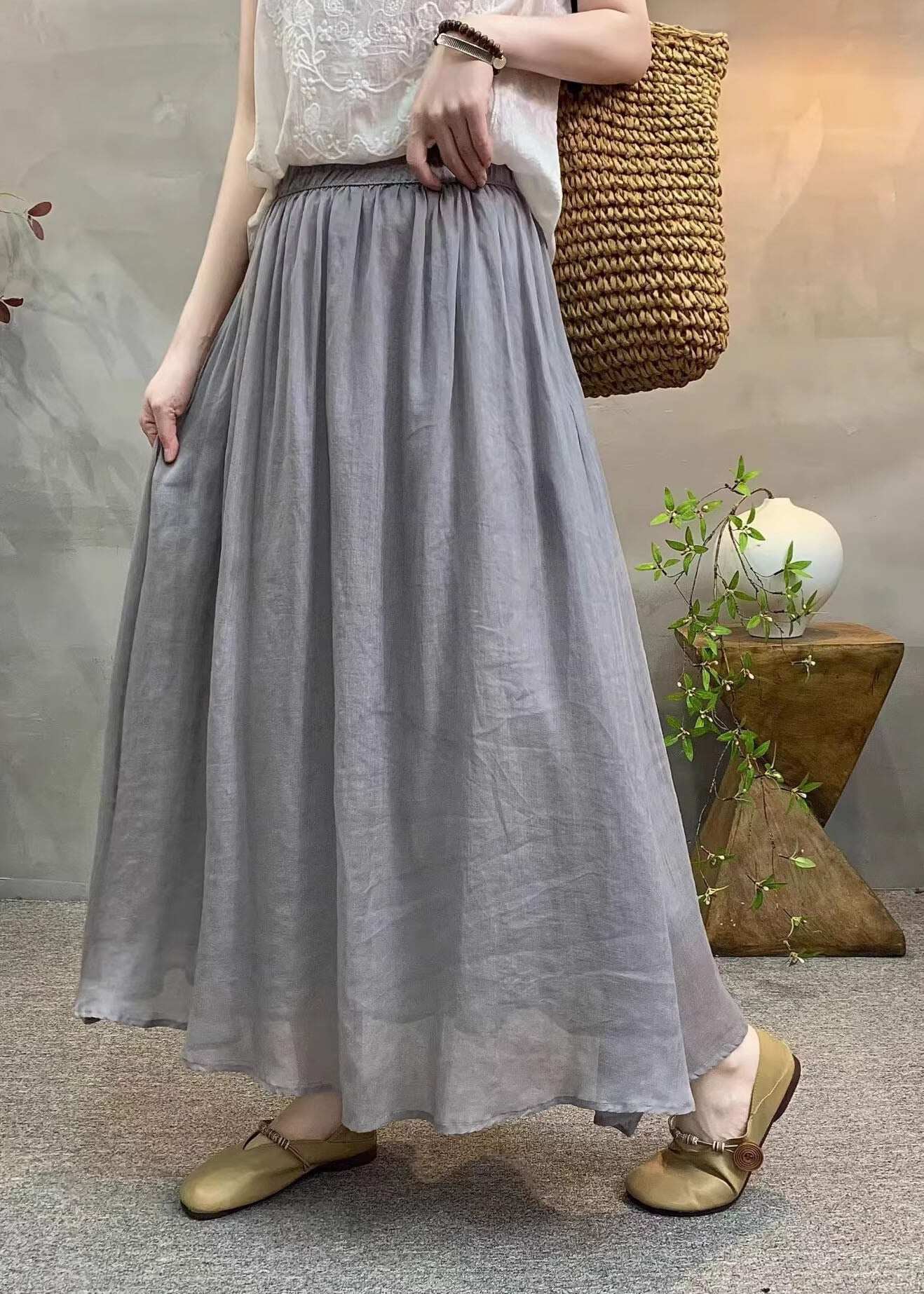 Simple Loose White Elastic Waist Linen Skirts Summer
