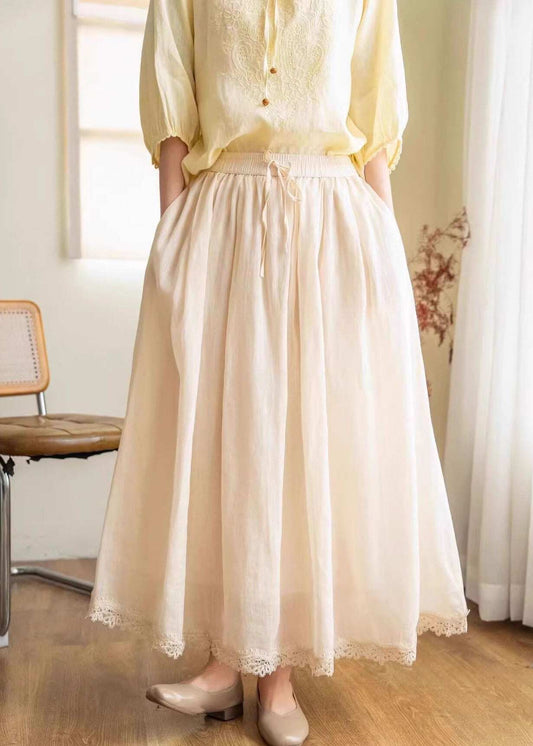 New Beige Pockets Patchwork Elastic Waist Linen Skirt Summer