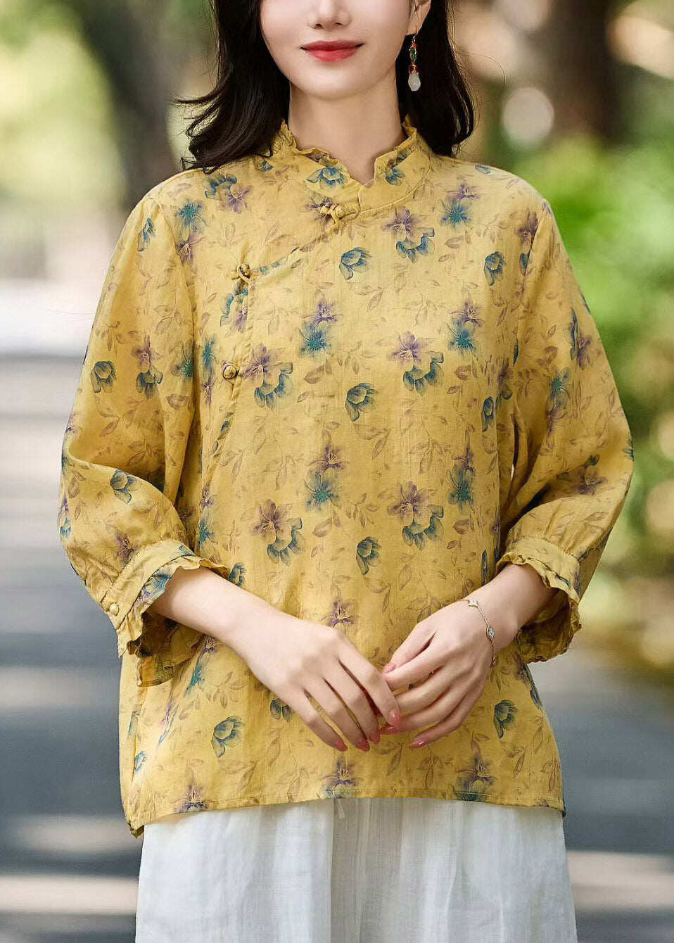 Natural Purple Stand Collar Ruffled Patchwork Linen Shirt Fall