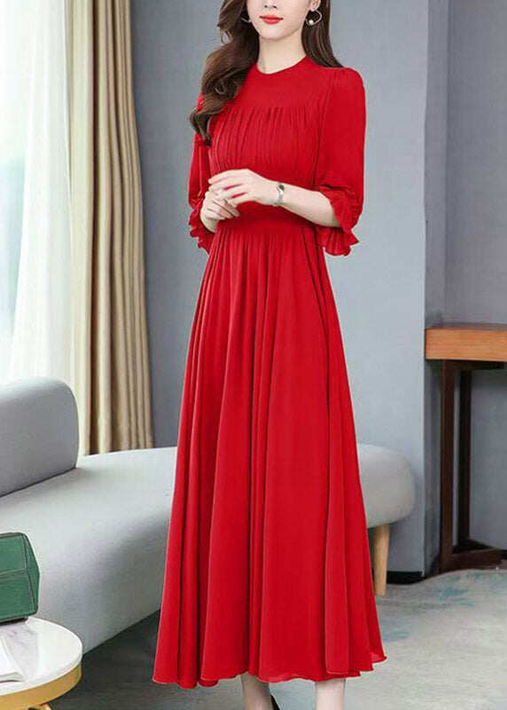 Italian Red Ruffled Patchwork Party Chiffon Long Dress Half Sleeve