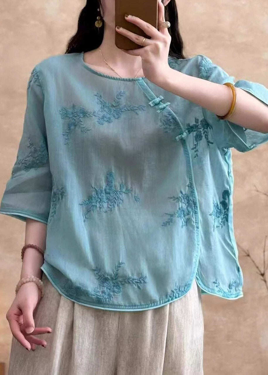 Chic White Embroidered Button Linen Tops Summer