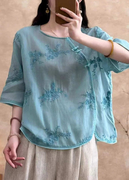 Chic White Embroidered Button Linen Tops Summer