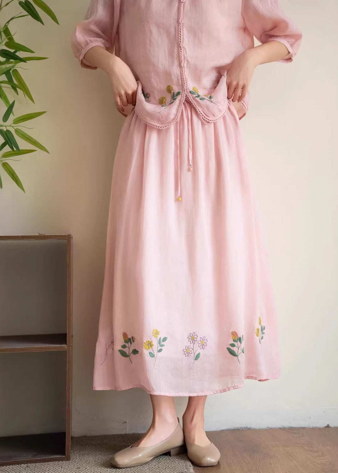 Plus Size Yellow Embroidered Elastic Waist Linen Skirt Summer