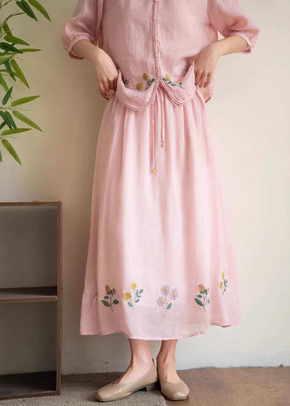 Plus Size Yellow Embroidered Elastic Waist Linen Skirt Summer