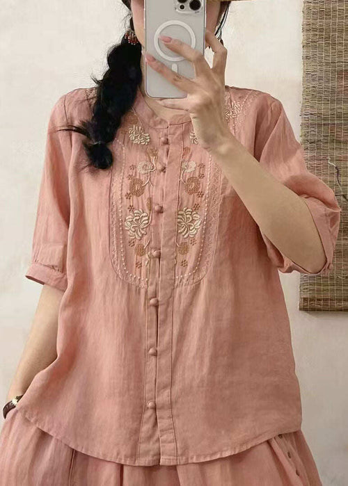 Retro Fitted O-Neck Embroidered Linen Shirts Summer