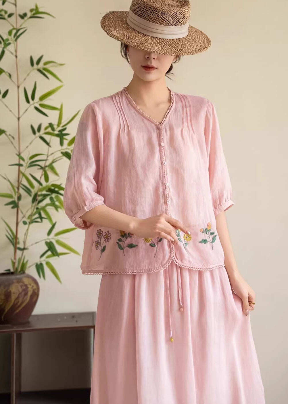 Women Navy V Neck Embroidered Linen Tops Summer