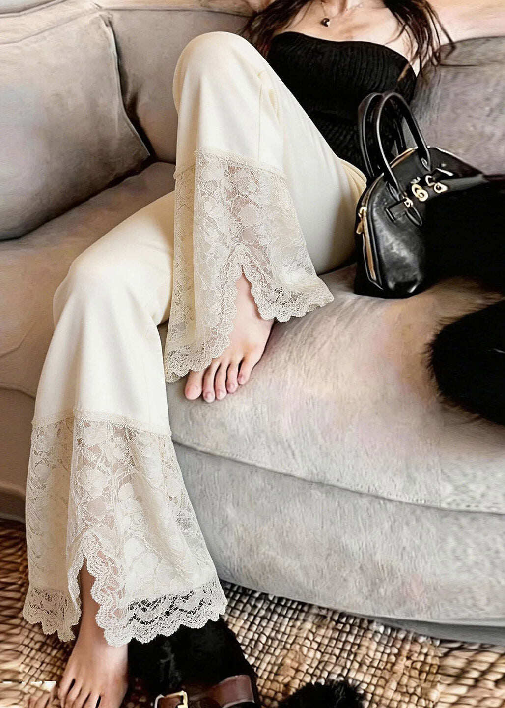 2026 New Beige Lace Patchwork Side Open Straight Pants Summer