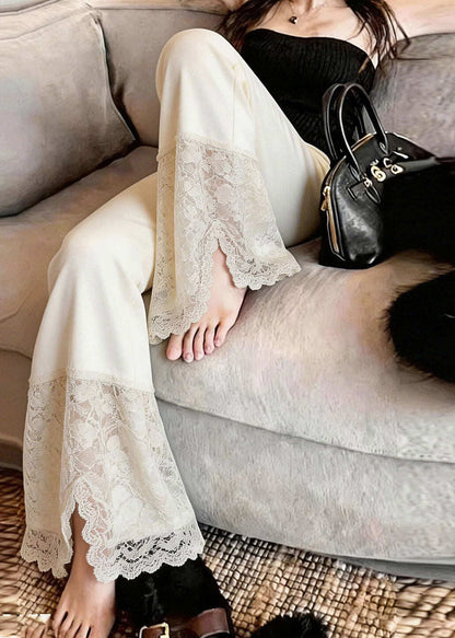 2026 New Beige Lace Patchwork Side Open Straight Pants Summer