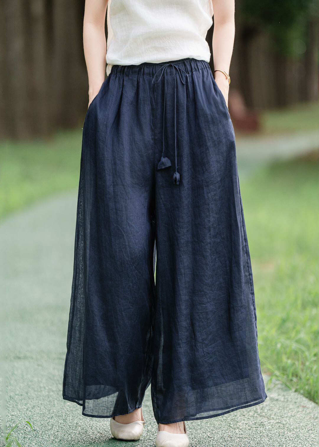 Loose Navy Pockets Elastic Waist Linen Pants Summer